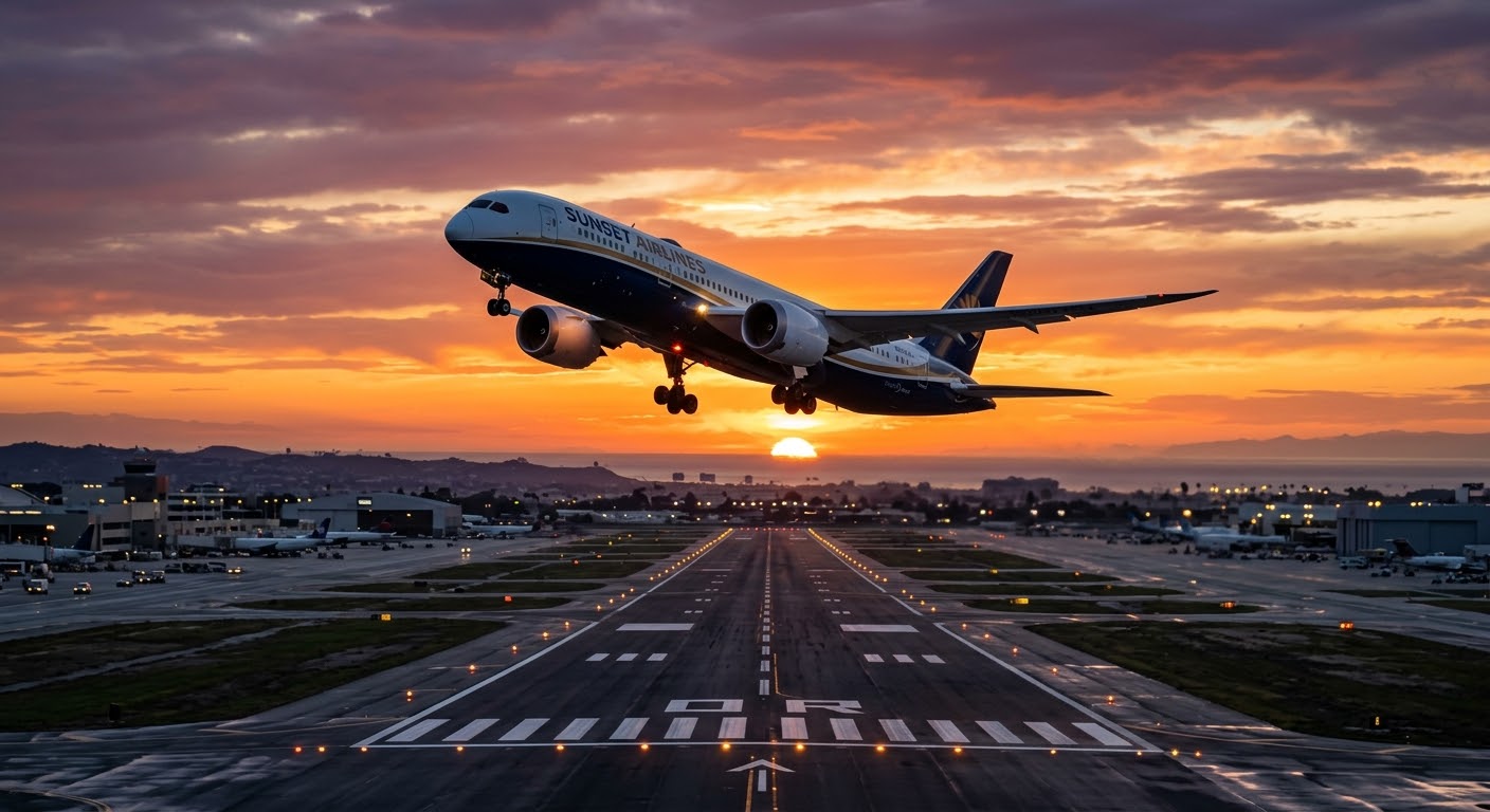Airplane taking off at sunset over a runway