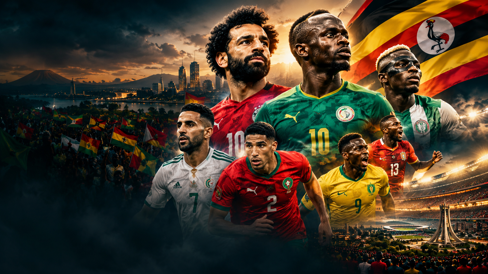 AFCON 2027 football stars and Uganda flag