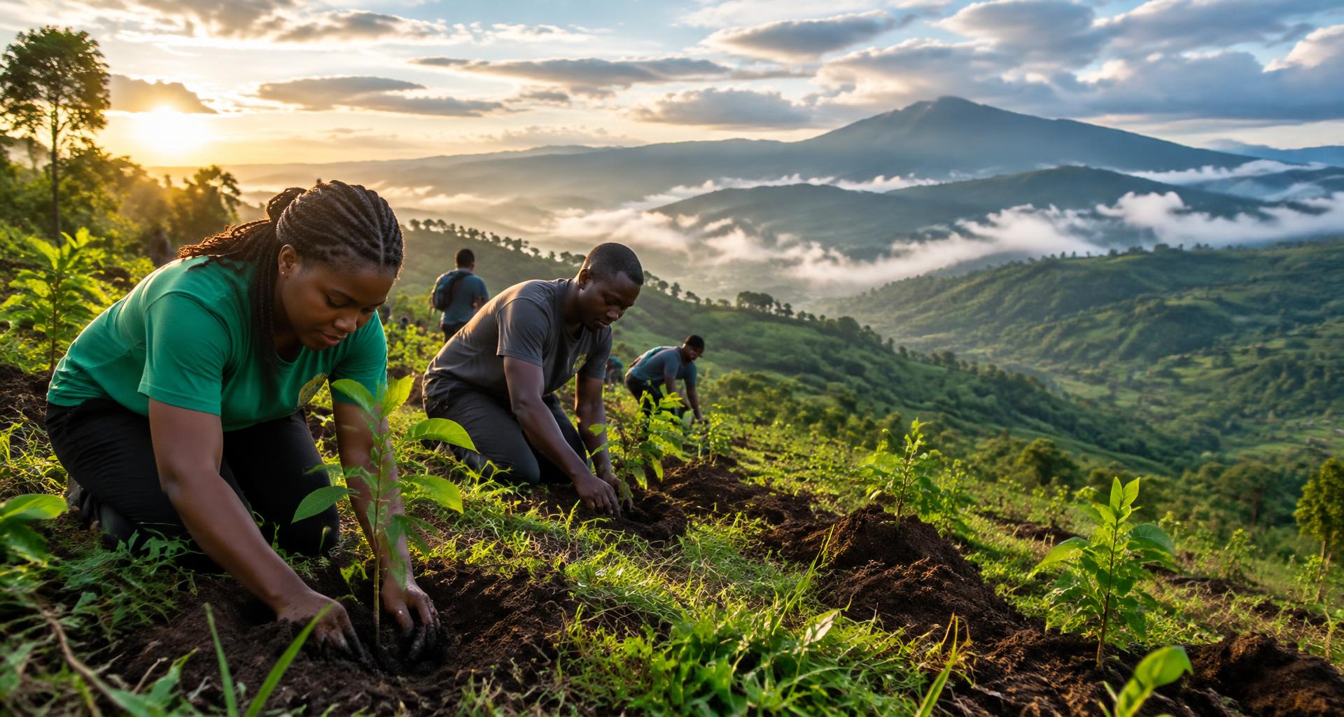 Volunteers planting young tree seedlings on a green Ugandan hillside